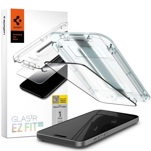 Apple iPhone 15 Plus, Kijelzővédő fólia, ütésálló fólia (az íves részre is!), Tempered Glass (edzett üveg), Spigen Ez Fit HD, fekete