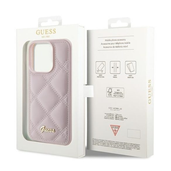 Guess Quilted Metal Logo Apple iPhone 15 Pro hátlap tok, rózsaszín