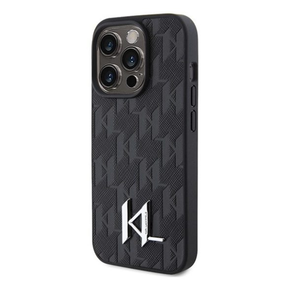 Karl Lagerfeld Leather Monogram Hot Stamp Metal Apple iPhone 15 Pro Max hátlap tok, fekete