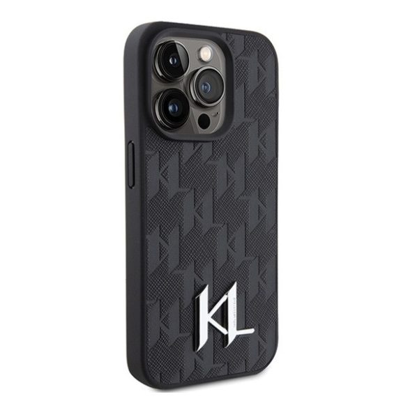 Karl Lagerfeld Leather Monogram Hot Stamp Metal Apple iPhone 15 Pro Max hátlap tok, fekete