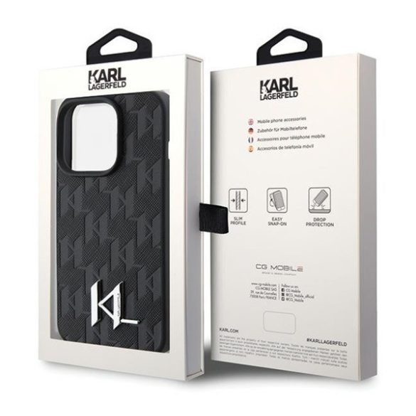 Karl Lagerfeld Leather Monogram Hot Stamp Metal Apple iPhone 15 Pro Max hátlap tok, fekete