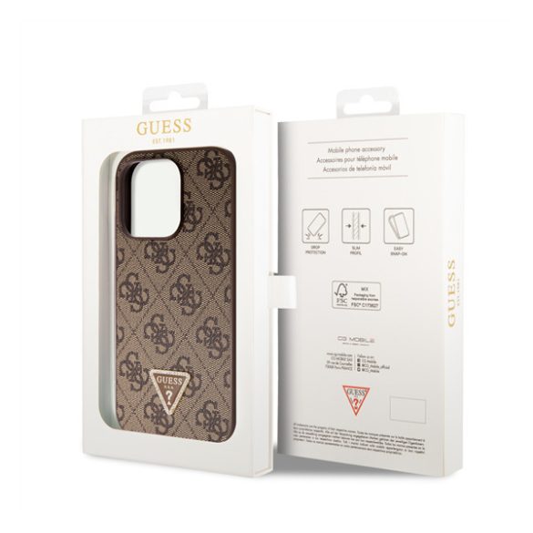 Guess 4G Strass Triangle Metal Logo tok, iPhone 15 Pro, barna