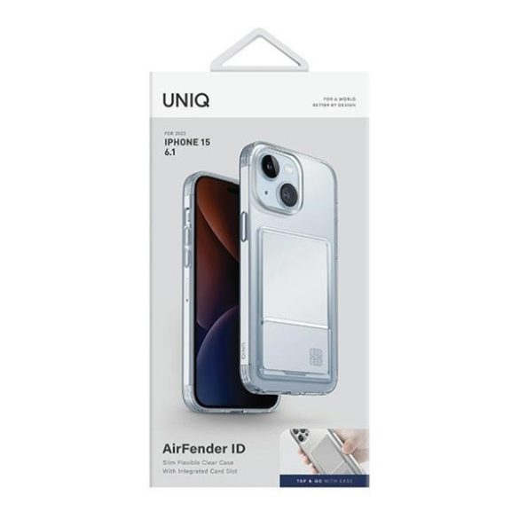 Apple iPhone 15, Szilikon tok, kártyatartóval, közepesen ütésálló, Uniq Air Fender ID, átlátszó