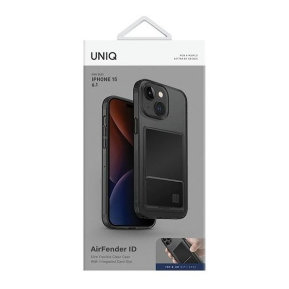 Apple iPhone 15, Szilikon tok, kártyatartóval, közepesen ütésálló, Uniq Air Fender ID, füst