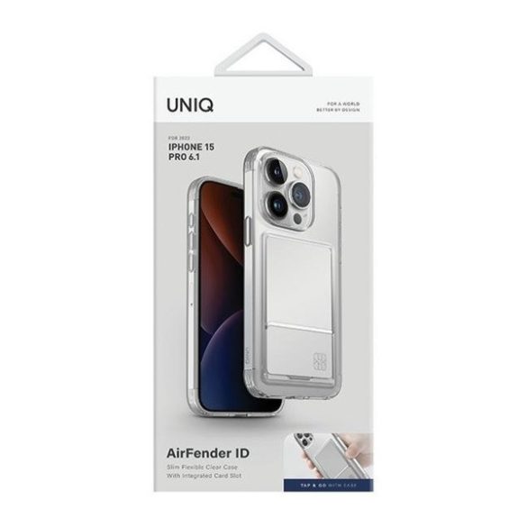 Apple iPhone 15 Pro, Szilikon tok, kártyatartóval, közepesen ütésálló, Uniq Air Fender ID, átlátszó