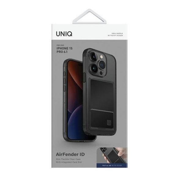 Apple iPhone 15 Pro, Szilikon tok, kártyatartóval, közepesen ütésálló, Uniq Air Fender ID, füst