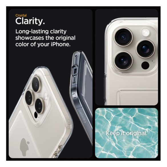 Apple iPhone 15 Pro, Szilikon tok, kártyatartóval, Spigen Crystal Slot, átlátszó