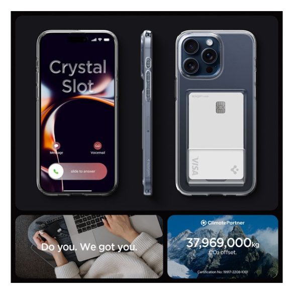 Apple iPhone 15 Pro, Szilikon tok, kártyatartóval, Spigen Crystal Slot, átlátszó