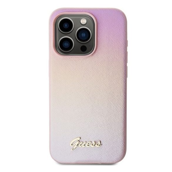 Guess PU Leather Iridescent Metal Script iPhone 15 Pro tok, rózsaszín