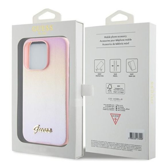 Guess PU Leather Iridescent Metal Script iPhone 15 Pro tok, rózsaszín