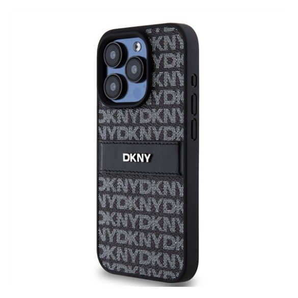 DKNY PU Leather Repeat Pattern Tonal Stripe Apple Iphone 15 Pro hátlap tok, fekete