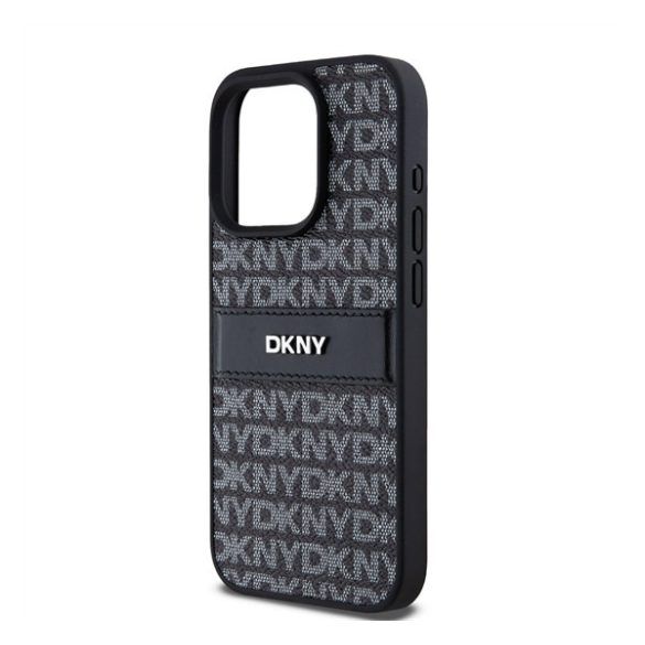 DKNY PU Leather Repeat Pattern Tonal Stripe Apple Iphone 15 Pro hátlap tok, fekete