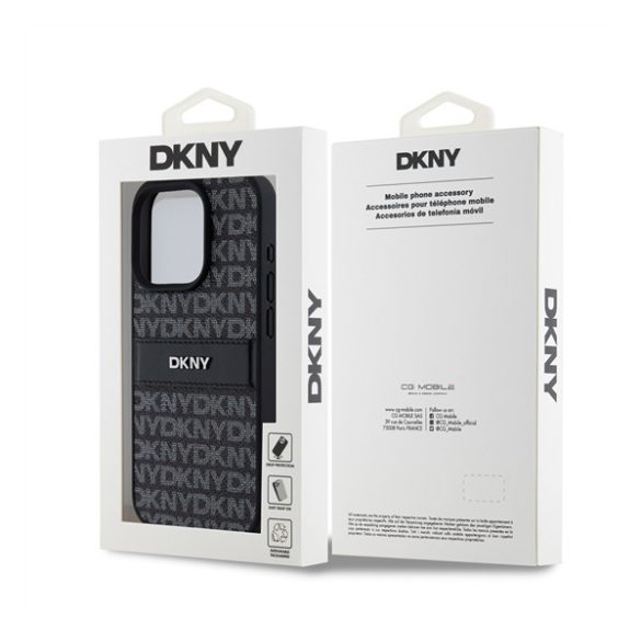 DKNY PU Leather Repeat Pattern Tonal Stripe Apple Iphone 15 Pro hátlap tok, fekete