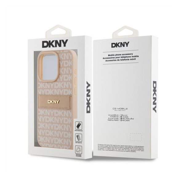 DKNY PU Leather Repeat Pattern Tonal Stripe Apple Iphone 15 Pro hátlap tok, rózsaszín