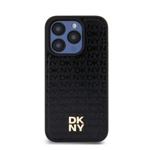 DKNY PU Leather Repeat Pattern Stack Logo Apple Iphone 15 Pro Magsafe kompatibilis hátlap tok, fekete