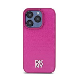 DKNY PU Leather Repeat Pattern Stack Logo Apple Iphone 15 Pro Magsafe kompatibilis hátlap tok, rózsaszín