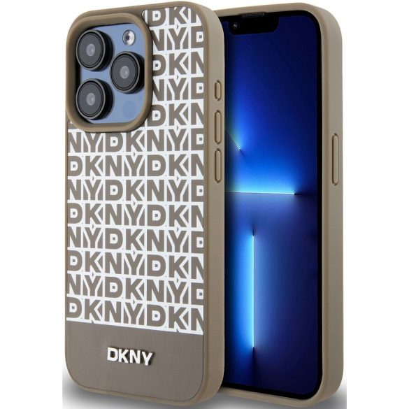 DKNY PU Leather Repeat Pattern Bottom Stripe Apple Iphone 15 Pro Magsafe kompatibilis hátlap tok, barna