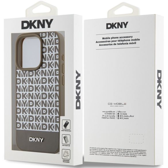 DKNY PU Leather Repeat Pattern Bottom Stripe Apple Iphone 15 Pro Magsafe kompatibilis hátlap tok, barna