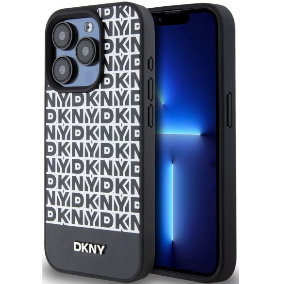 DKNY PU Leather Repeat Pattern Bottom Stripe Apple Iphone 15 Pro Magsafe kompatibilis hátlap tok, fekete