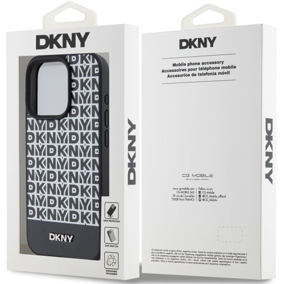 DKNY PU Leather Repeat Pattern Bottom Stripe Apple Iphone 15 Pro Magsafe kompatibilis hátlap tok, fekete