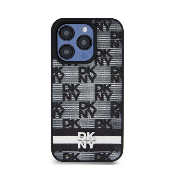 DKNY PU Leather Checkered Pattern and Stripe Apple Iphone 15 Pro tok, fekete