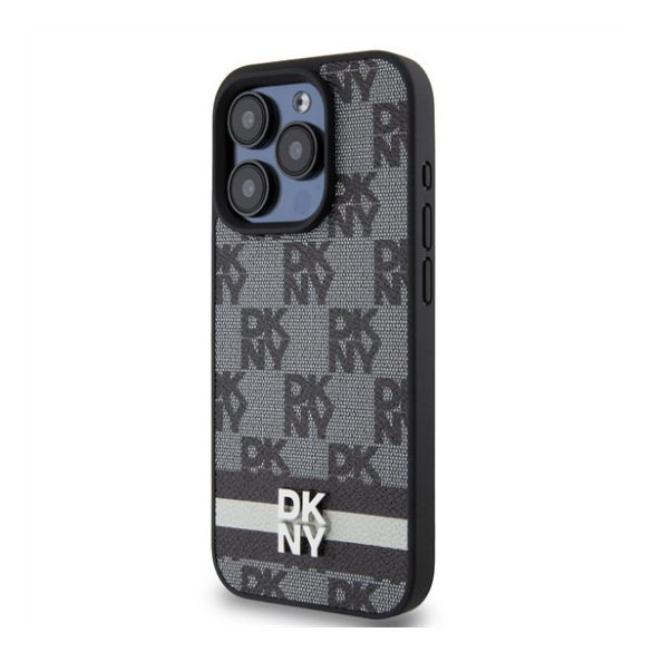 DKNY PU Leather Checkered Pattern and Stripe Apple Iphone 15 Pro tok, fekete