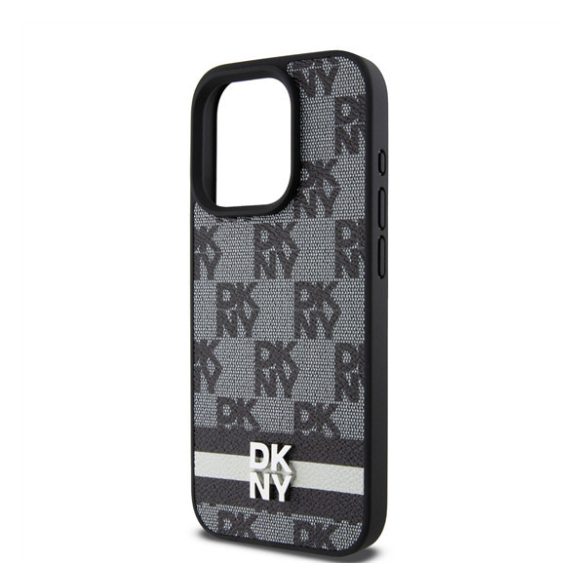 DKNY PU Leather Checkered Pattern and Stripe Apple Iphone 15 Pro tok, fekete