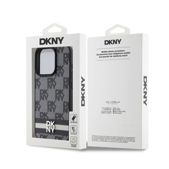 DKNY PU Leather Checkered Pattern and Stripe Apple Iphone 15 Pro tok, fekete