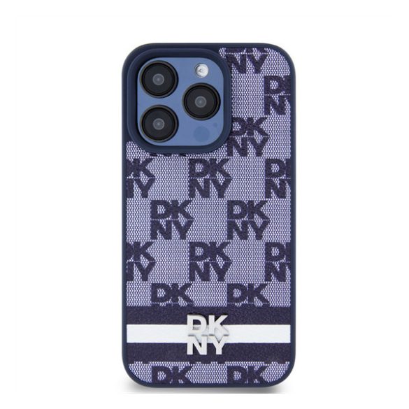 DKNY PU Leather Checkered Pattern and Stripe Apple Iphone 15 Pro tok, kék