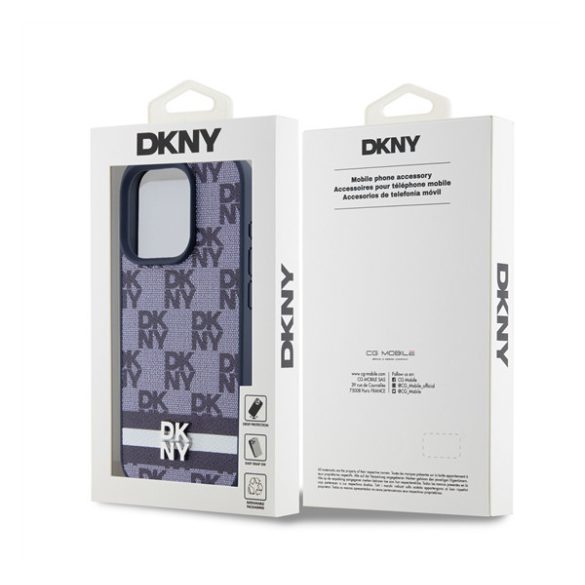 DKNY PU Leather Checkered Pattern and Stripe Apple Iphone 15 Pro tok, kék