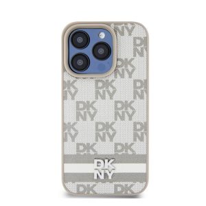 DKNY PU Leather Checkered Pattern and Stripe Apple Iphone 15 Pro tok, bézs