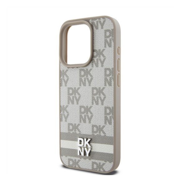 DKNY PU Leather Checkered Pattern and Stripe Apple Iphone 15 Pro tok, bézs