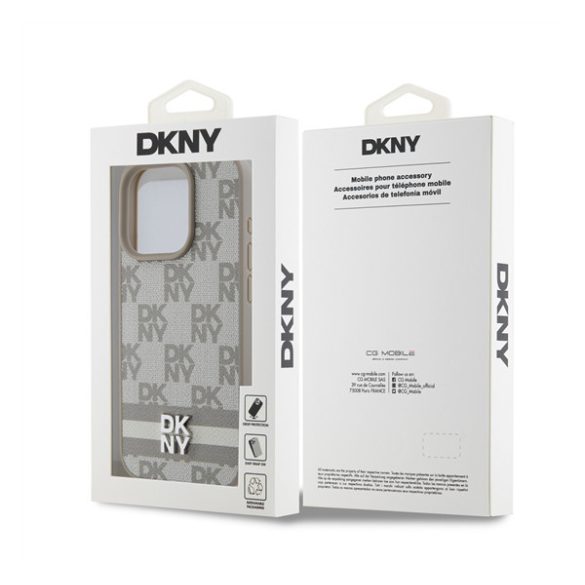 DKNY PU Leather Checkered Pattern and Stripe Apple Iphone 15 Pro tok, bézs