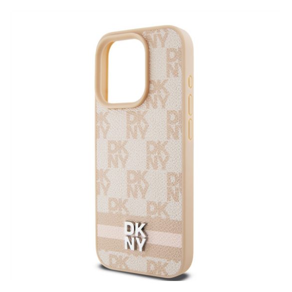 DKNY PU Leather Checkered Pattern and Stripe Apple Iphone 15 Pro tok, rózsaszín