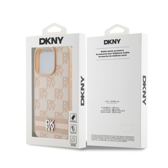 DKNY PU Leather Checkered Pattern and Stripe Apple Iphone 15 Pro tok, rózsaszín