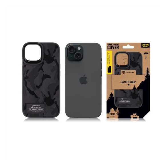 Apple iPhone 15, Szilikon tok, közepesen ütésálló, textil hátlap, terep minta, Tactical Camo Troop, fekete