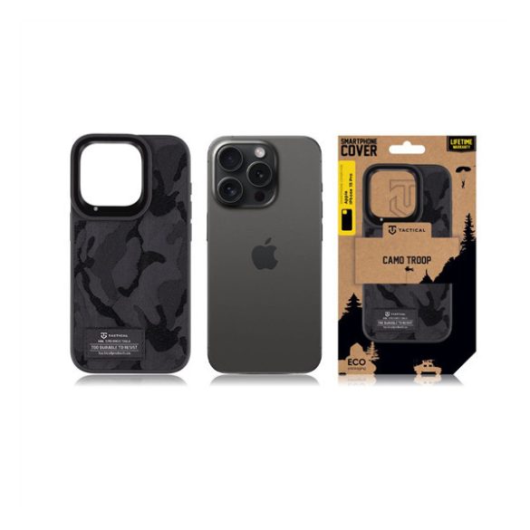 Apple iPhone 15 Pro, Szilikon tok, közepesen ütésálló, textil hátlap, terep minta, Tactical Camo Troop, fekete