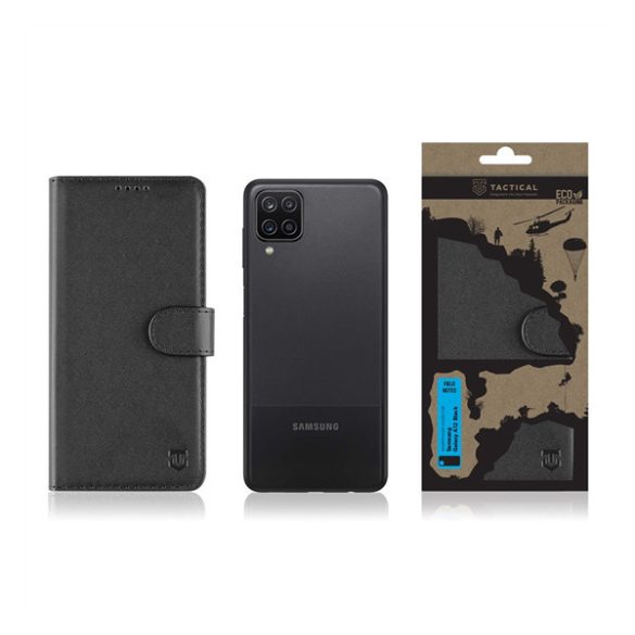 Samsung Galaxy A12 / A12 Nacho / M12 SM-A125F / A127F / M127F, Oldalra nyíló tok, stand, kártyatartóval, csatos, Tactical Field Notes, fekete