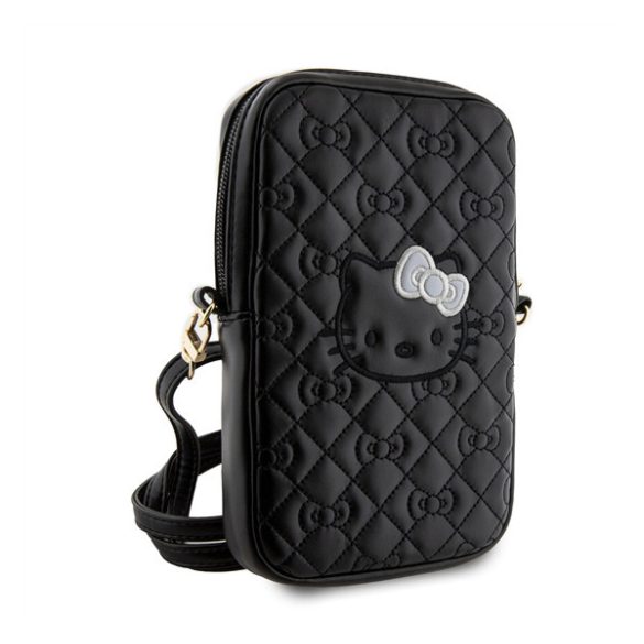 Hello Kitty PU Leather Quilted Pattern Kitty Head Logo telefontartó táska, fekete