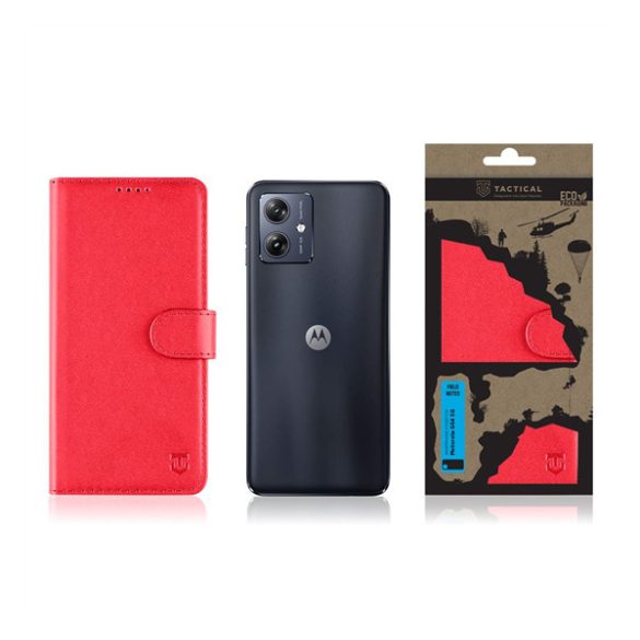 Motorola Moto G54, Oldalra nyíló tok, stand, kártyatartóval, csatos, Tactical Field Notes, piros