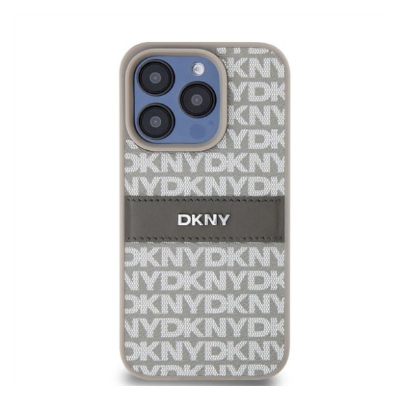 DKNY PU Leather Repeat Pattern Tonal Stripe Apple iPhone 15 Pro hátlap tok, bézs