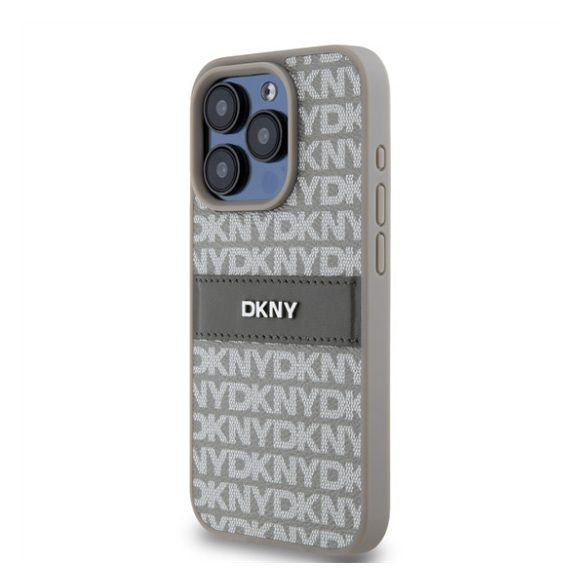 DKNY PU Leather Repeat Pattern Tonal Stripe Apple iPhone 15 Pro hátlap tok, bézs