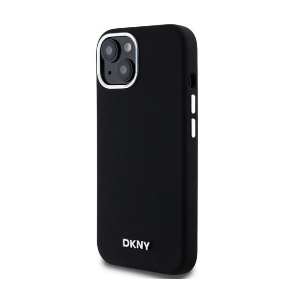 DKNY Liquid Silicone Silver Metal Logo Magsafe iPhone 15 hátlap tok, fekete