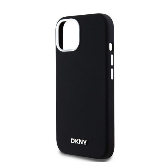 DKNY Liquid Silicone Silver Metal Logo Magsafe iPhone 15 hátlap tok, fekete