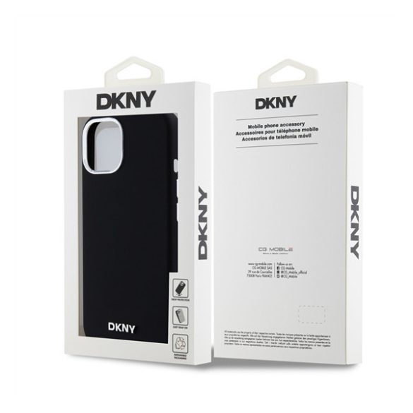 DKNY Liquid Silicone Silver Metal Logo Magsafe iPhone 15 hátlap tok, fekete