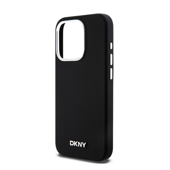 DKNY Liquid Silicone Silver Metal Logo Magsafe iPhone 15 Pro hátlap tok, fekete