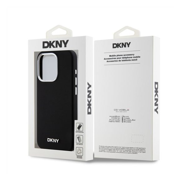 DKNY Liquid Silicone Silver Metal Logo Magsafe iPhone 15 Pro hátlap tok, fekete