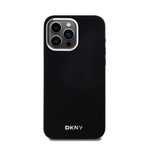 DKNY Liquid Silicone Silver Metal Logo Magsafe iPhone 15 Pro Max hátlap tok, fekete