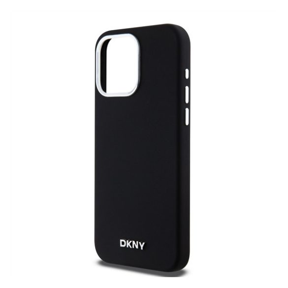 DKNY Liquid Silicone Silver Metal Logo Magsafe iPhone 15 Pro Max hátlap tok, fekete