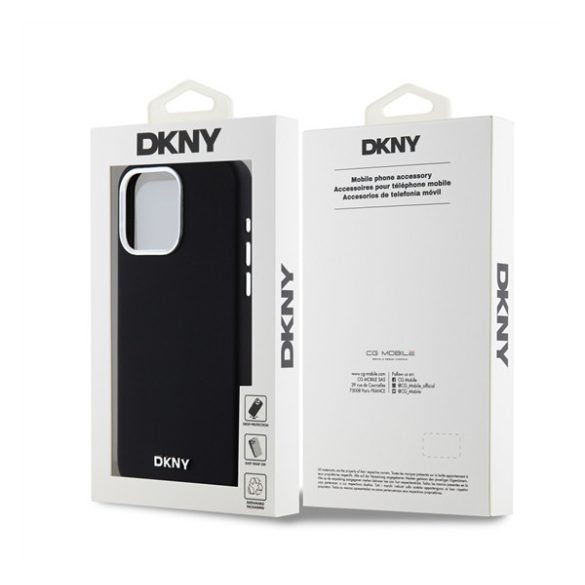 DKNY Liquid Silicone Silver Metal Logo Magsafe iPhone 15 Pro Max hátlap tok, fekete